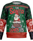 black, red, and green Christmas sweater with Santa in a chimney and the phrase “This Santa Loves Going Down” — cheeky holiday humor from CollegeWares.