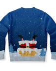Back view of blue Christmas sweater featuring Santa’s lower half in chimney with no additional text — humorous knit-style look from CollegeWares.