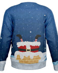 Back view of blue Christmas sweater featuring Santa’s lower half in chimney with no additional text — humorous knit-style look from CollegeWares.