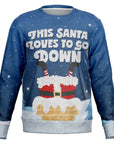 Blue Christmas sweater with pixel-style Santa stuck upside down in a chimney and “This Santa Loves to Go Down” text — funny holiday design from CollegeWares.