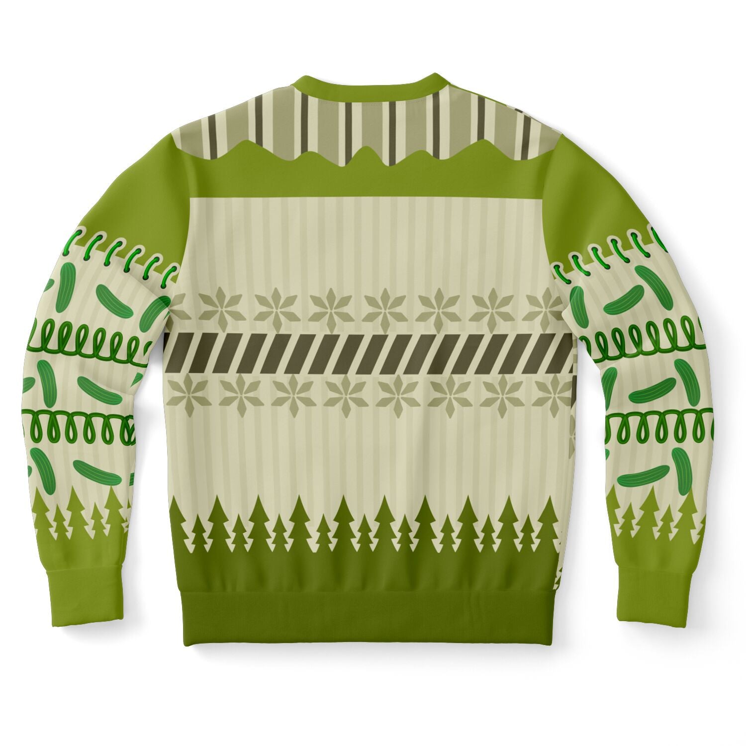 Back view of green sweater with tree silhouettes, striped accents, and no text — playful adult design from CollegeWares.