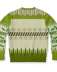 Back view of green sweater with tree silhouettes, striped accents, and no text — playful adult design from CollegeWares.
