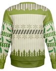 Back view of green sweater with tree silhouettes, striped accents, and no text — playful adult design from CollegeWares.