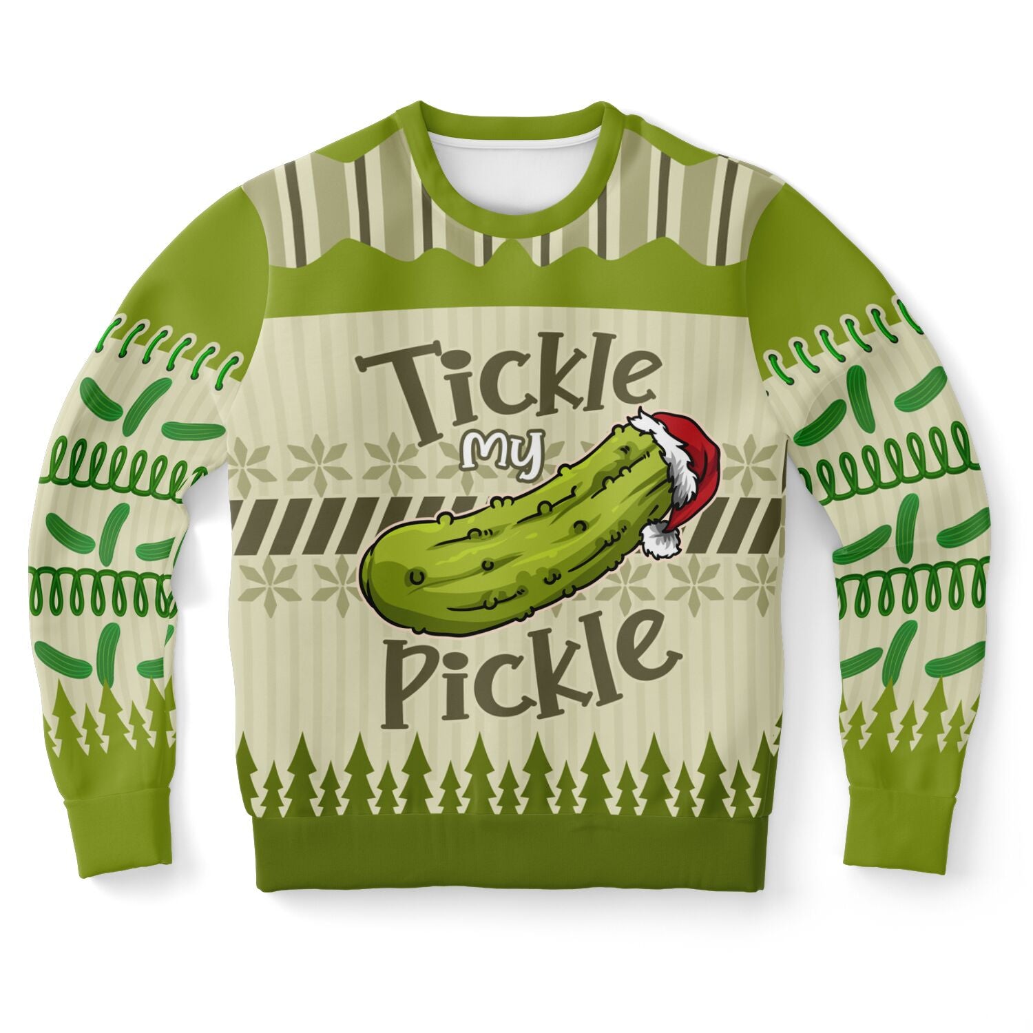 Green adult humor Christmas sweater featuring a cartoon pickle in a Santa hat and the slogan “Tickle My Pickle” — cheeky and bold from CollegeWares.