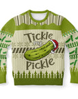 Green adult humor Christmas sweater featuring a cartoon pickle in a Santa hat and the slogan “Tickle My Pickle” — cheeky and bold from CollegeWares.