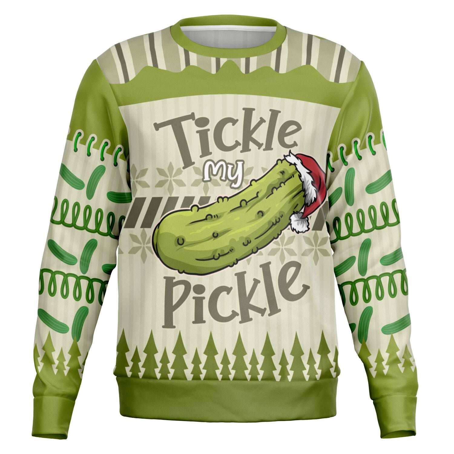 Green adult humor Christmas sweater featuring a cartoon pickle in a Santa hat and the slogan “Tickle My Pickle” — cheeky and bold from CollegeWares.