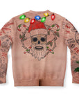 Back view of nude-tone sweater with tattooed Santa skull, Christmas lights, and skin-like texture — outrageous and hilarious from CollegeWares.