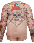 Back view of nude-tone sweater with tattooed Santa skull, Christmas lights, and skin-like texture — outrageous and hilarious from CollegeWares.