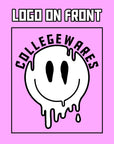 CollegeWares trippy smiley face logo on front — this is the graphic that will appear on the front of the sweatshirt, no matter which color you choose