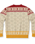 Back view of cream sweater with red and yellow holiday knit pattern and no additional text — playful festive design from CollegeWares.