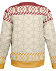 Back view of cream sweater with red and yellow holiday knit pattern and no additional text — playful festive design from CollegeWares.