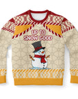 Cream-colored Christmas sweater with a smiling snowman in a top hat and “Up to Snow Good” slogan — mischievous holiday style from CollegeWares.