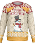 Cream-colored Christmas sweater with a smiling snowman in a top hat and “Up to Snow Good” slogan — mischievous holiday style from CollegeWares.