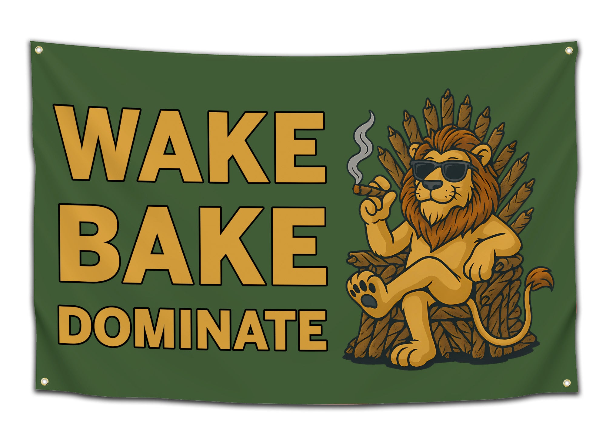 Green flag featuring a cartoon lion with sunglasses smoking a blunt on a throne made of rolled joints, next to the bold yellow phrase “Wake Bake Dominate” — stoner dorm flag for weed lovers by CollegeWares.