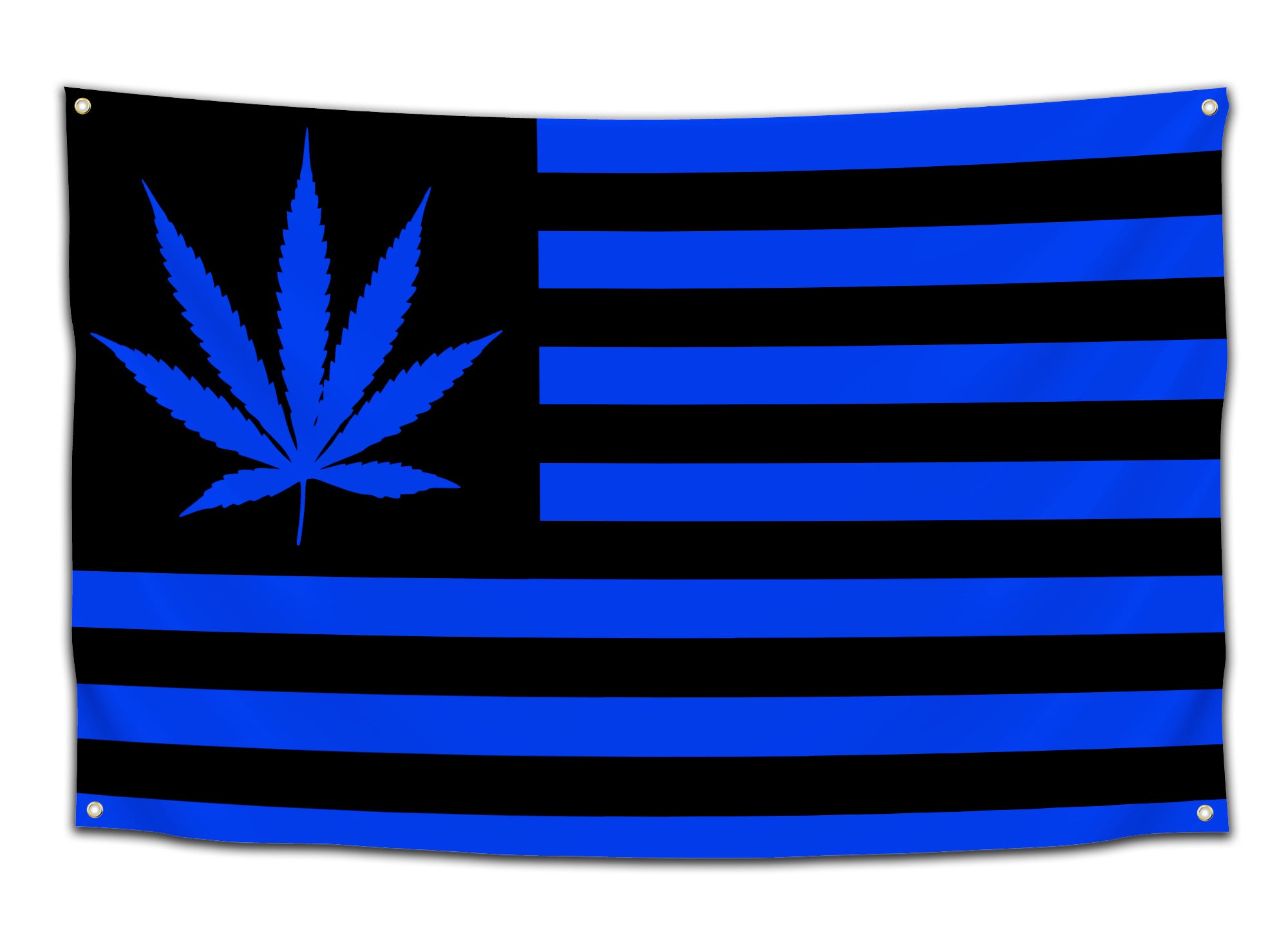 Flag with a royal blue and black color scheme featuring a marijuana leaf in place of the stars on an American flag — bold stoner flag from CollegeWares.