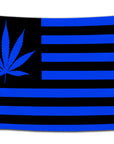 Flag with a royal blue and black color scheme featuring a marijuana leaf in place of the stars on an American flag — bold stoner flag from CollegeWares.