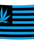 Flag with a light blue and black color scheme featuring a marijuana leaf replacing the stars on an American flag — weed-themed party flag from CollegeWares.