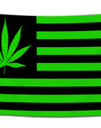 Flag with a lime green and black color scheme featuring a marijuana leaf replacing the stars on an American flag — neon weed flag from CollegeWares.