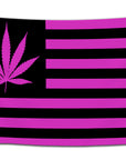 Flag with a pink and black color scheme featuring a marijuana leaf instead of stars on an American flag — vibrant stoner decor flag from CollegeWares.