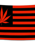 Flag with a red and black color scheme featuring a marijuana leaf in place of stars on an American flag — edgy weed flag from CollegeWares.