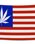 Flag resembling a traditional USA flag but replacing the stars with a white marijuana leaf on a blue field — patriotic weed flag from CollegeWares.