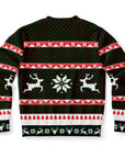 Back view of black and red sweater with pixel snowflakes, reindeer, and no slogan — ironic holiday wear from CollegeWares.