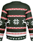 Back view of black and red sweater with pixel snowflakes, reindeer, and no slogan — ironic holiday wear from CollegeWares.