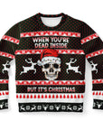 Black and red Christmas sweater with skull in Santa hat and “When You’re Dead Inside But It’s Christmas” slogan — sarcastic seasonal style from CollegeWares.