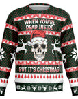 Black and red Christmas sweater with skull in Santa hat and “When You’re Dead Inside But It’s Christmas” slogan — sarcastic seasonal style from CollegeWares.