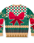 Back view of green and tan sweater with oversized red bows and no text — cheeky festive design from CollegeWares.