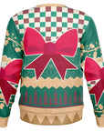 Back view of green and tan sweater with oversized red bows and no text — cheeky festive design from CollegeWares.