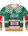 Green and tan Christmas sweater with a large oven graphic and “When In Doubt Pull It Out” slogan — suggestive holiday humor from CollegeWares.