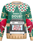Green and tan Christmas sweater with a large oven graphic and “When In Doubt Pull It Out” slogan — suggestive holiday humor from CollegeWares.