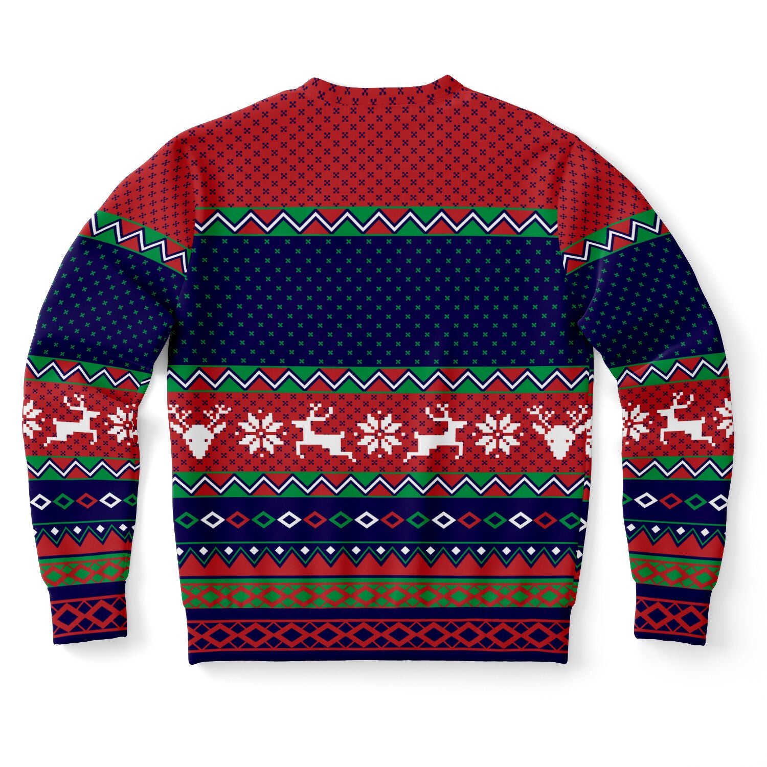 Back view of red and navy blue sweater with reindeer and snowflake patterns and no additional text — bold holiday spirit from CollegeWares.