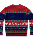 Back view of red and navy blue sweater with reindeer and snowflake patterns and no additional text — bold holiday spirit from CollegeWares.