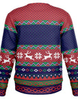 Back view of red and navy blue sweater with reindeer and snowflake patterns and no additional text — bold holiday spirit from CollegeWares.