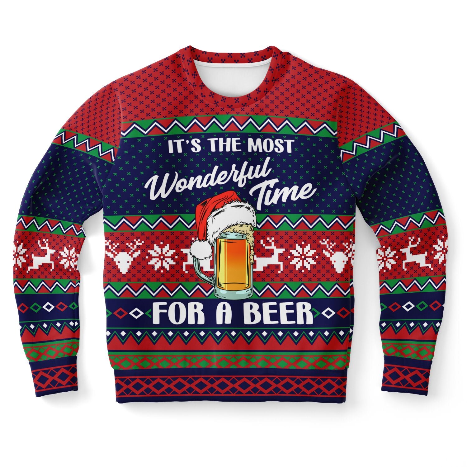Red and navy blue Christmas sweater with beer mug in Santa hat and “It’s the Most Wonderful Time for a Beer” slogan — merry drinking vibes from CollegeWares.
