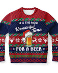 Red and navy blue Christmas sweater with beer mug in Santa hat and “It’s the Most Wonderful Time for a Beer” slogan — merry drinking vibes from CollegeWares.