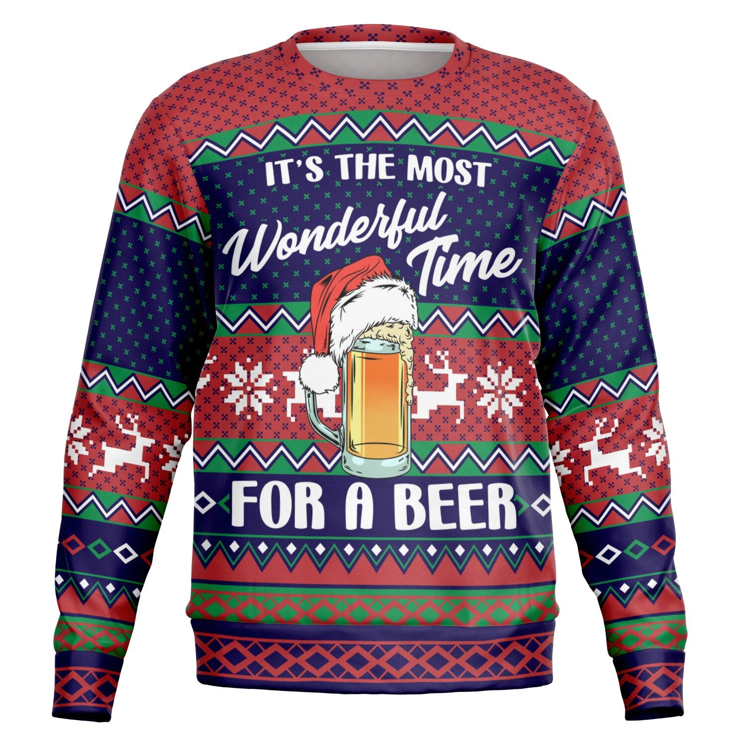 Red and navy blue Christmas sweater with beer mug in Santa hat and “It’s the Most Wonderful Time for a Beer” slogan — merry drinking vibes from CollegeWares.