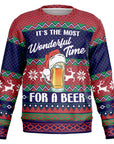Red and navy blue Christmas sweater with beer mug in Santa hat and “It’s the Most Wonderful Time for a Beer” slogan — merry drinking vibes from CollegeWares.