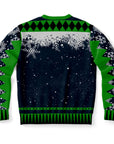 Back view of black and green sweater with snowy pattern and no text — cheeky Christmas parody from CollegeWares.