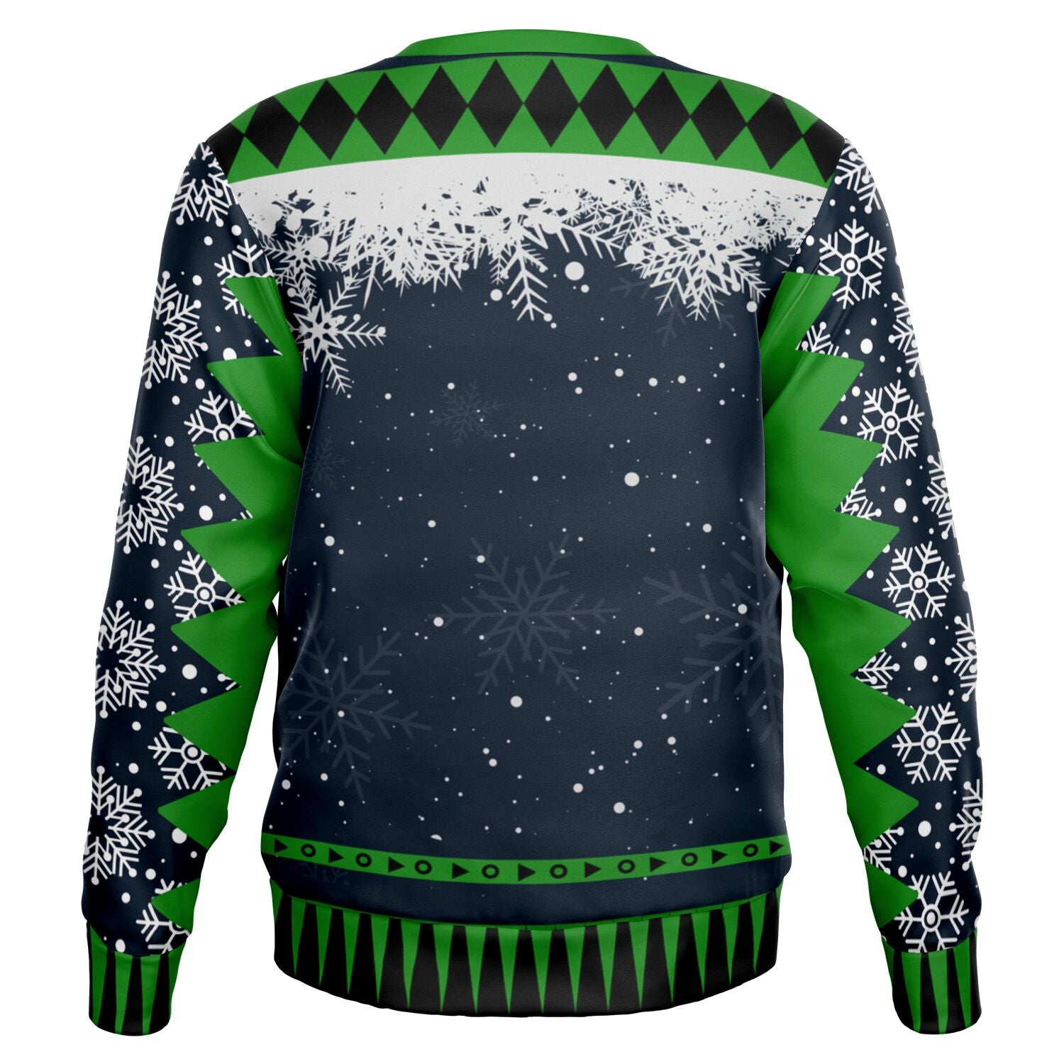 Back view of black and green sweater with snowy pattern and no text — cheeky Christmas parody from CollegeWares.