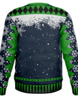 Back view of black and green sweater with snowy pattern and no text — cheeky Christmas parody from CollegeWares.