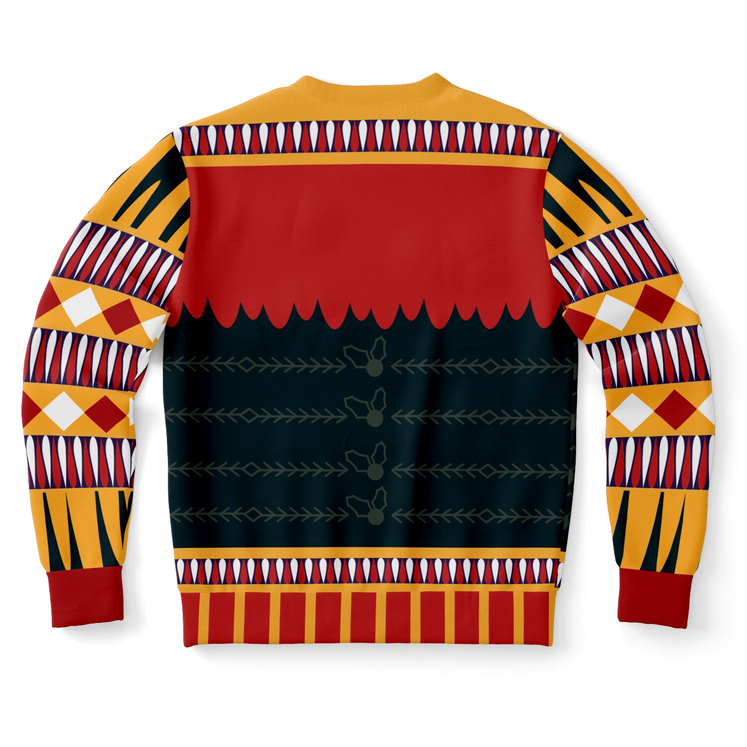 Back view of black, red, and gold sweater with no text and nutcracker-inspired pattern — bold seasonal chaos from CollegeWares.
