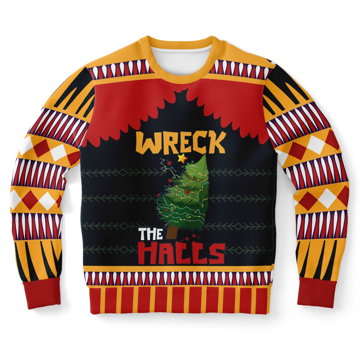 Black and red Christmas sweater with a wrecked Christmas tree and bold “Wreck the Halls” slogan — loud holiday humor from CollegeWares.