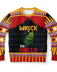 Black and red Christmas sweater with a wrecked Christmas tree and bold “Wreck the Halls” slogan — loud holiday humor from CollegeWares.