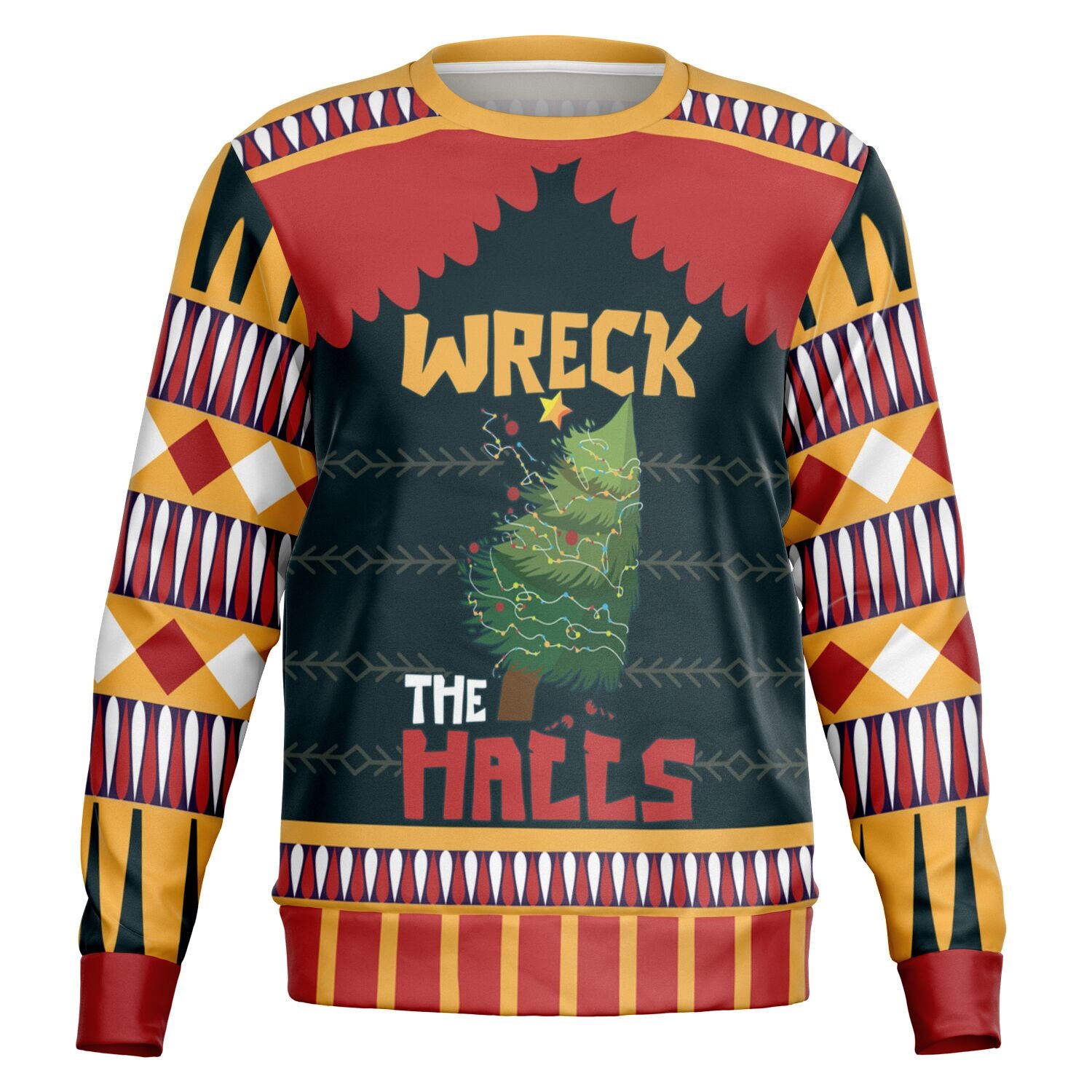 Black and red Christmas sweater with a wrecked Christmas tree and bold “Wreck the Halls” slogan — loud holiday humor from CollegeWares.