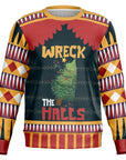 Black and red Christmas sweater with a wrecked Christmas tree and bold “Wreck the Halls” slogan — loud holiday humor from CollegeWares.