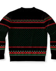 Back view of black and green sweater with red and green patterning and no additional text — bold and playful from CollegeWares.