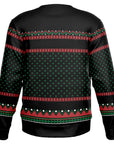 Back view of black and green sweater with red and green patterning and no additional text — bold and playful from CollegeWares.